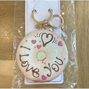 Compact Mirror Bag Keychain Key FOB I‎ LOVE YOU Printed Donut Round NWT
